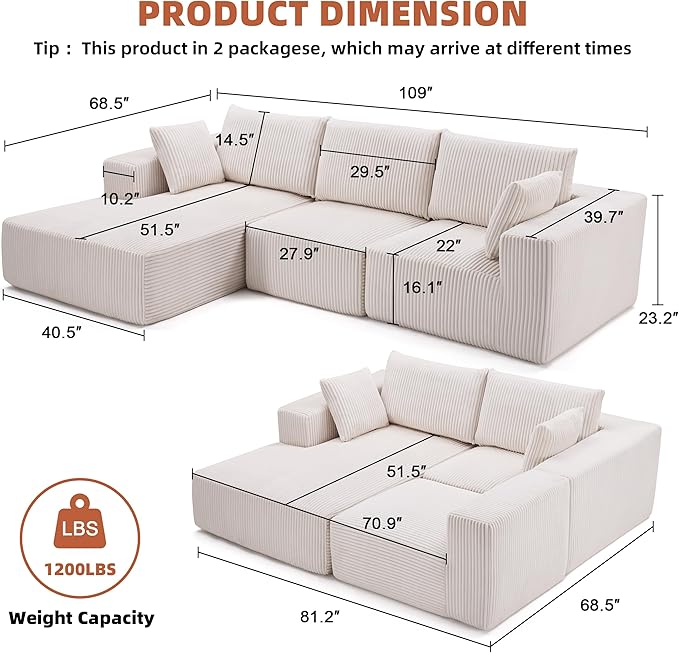 108” Modular Sectional Sofa, Cloud Sectional Couch with Deep Seat, Modern Modular L-Shape Sofa Couch with Chaise,Upholstered Boneless Couches for Living Room Bedroom (Beige, Left Facing Chaise)