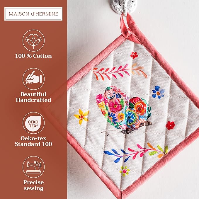 Maison d' Hermine Pot Holders 100% Cotton Heat Resistant Potholders 8" x 8" Hot Pads with Loop BBQ, Cooking, Grilling, Kitchen, Handling Hot Pans Spring/Summer (Pack of 1, Happy Florals - High Summer)