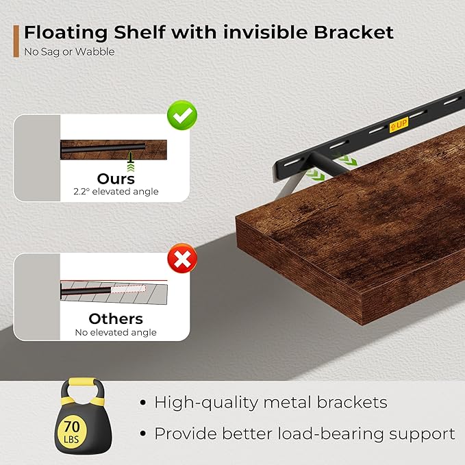 Fun Memories 72 Inch Floating Shelves for Wall, Fireplace Mantel Shelf with Invisible Heavy Duty Bracket, 8 Inch Deep Storage Shelf for Living Room, Kitchen, Farmhouse, Brown