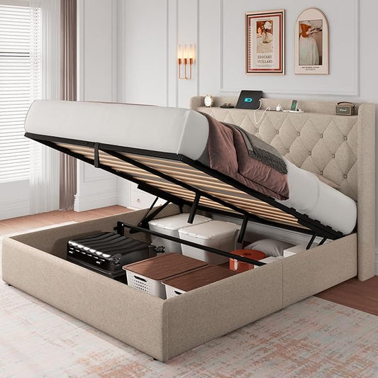 iPormis Full Size Lift Up Storage Bed Frame with Charging Station, Upholstered Platform Bed Frame with Tufted Headboard, Hydraulic Storage, No Box Spring Needed, Noise-Free, Easy Assembly, Beige