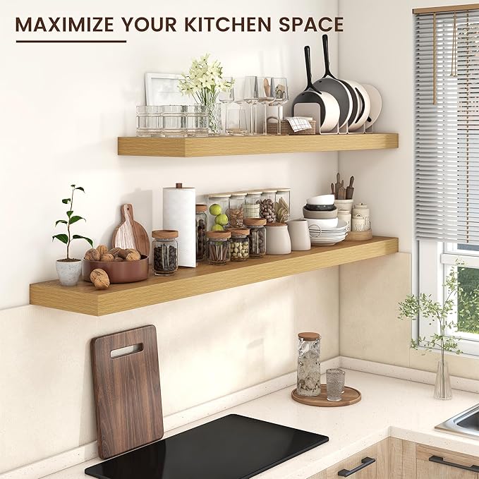 Floating Shelves for Wall, 55 Inch Wide x 12 Inch Deep Floating Shelves, Long Wood Floating Wall Shelf Shelves for Living Room Bathroom Bedroom Kitchen Home - (Oak, 55" W x 12" D x 2" H)