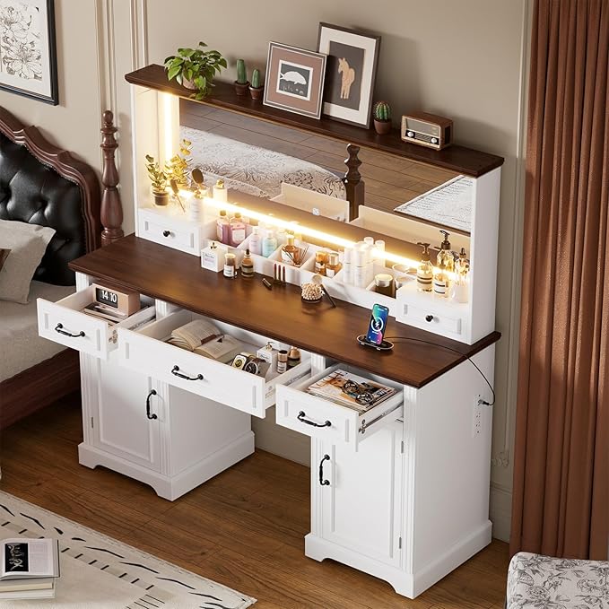 PAKASEPT 55.12" Large Makeup Vanity with LED Lights and 3 Light Modes, Vanity Set with 5 Drawers and Power Outlet, Vanity Desk for Women, Girls