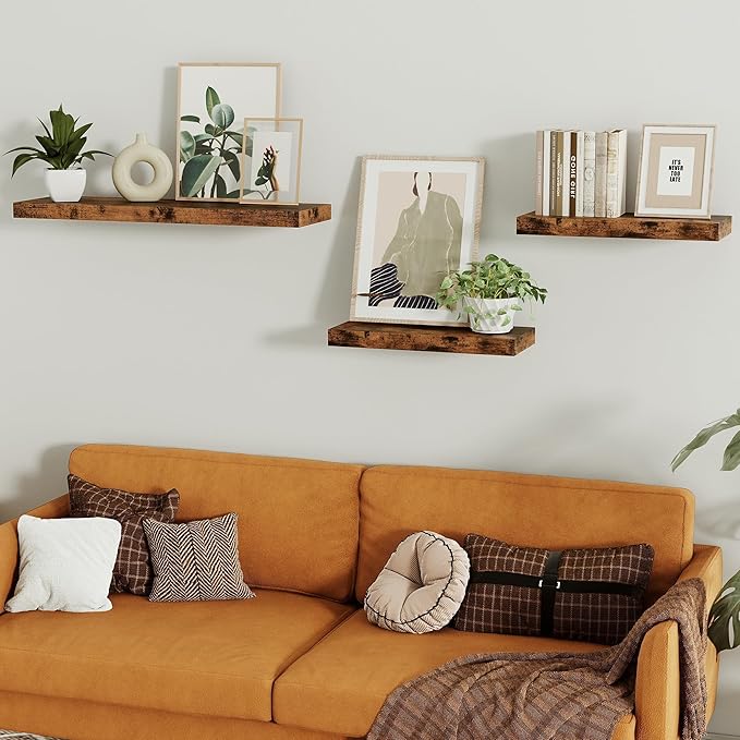Vivelove Floating Shelves for Wall 16 inchs Long, Bathroom Shelves Over Toilet, for Bedroom, Living Room, Kitchen, Farmhouse Decor, Rustic Wall Shelves with Invisible Brackets - Set of 2, Rustic Brown