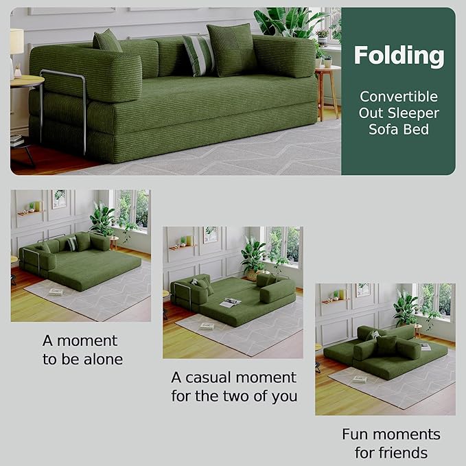 Compressed Sleeper sofa bed,Convertible Floor Boneless Couch-With Comfy Pillow,Modular Modern Corduroy Sofa for living room Bedroom Lounge Studio-With Fixed-shape Frame and support Armrest(Green)