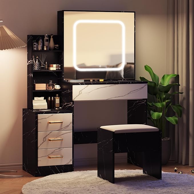 Vanity Desk With Sliding Mirror and LED Light, Makeup Vanity Set With Power Outlet, 3 Color Adjustable Light, Dressing Table With 4 Drawers, Storage Shelve & Stool for Bedroom, Marble-Black & White