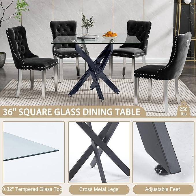 36" Square Dining Table for 4, Modern Clear Glass Kitchen Table for 4 with Black X Metal Legs, Contemporary Small Glass Dining Room Leisure Tables for Kitchen Apartment