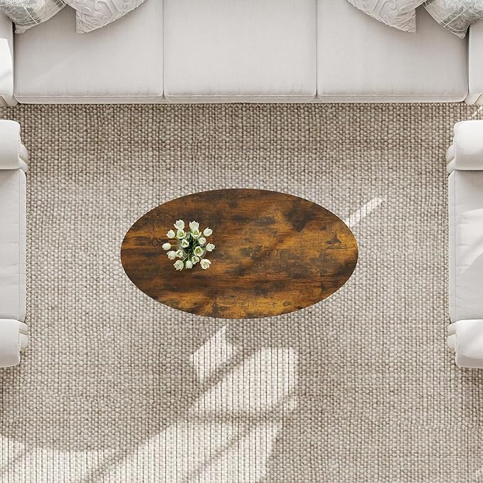 Manora Rustic Small Oval Coffee Table for Living Room, Narrow Wood Center Table with Shelf, Retro Style Coffee Table with Curved Metal Legs, Stable and Easy Assembly, Dark Brown