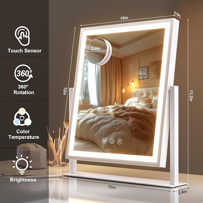 Hasipu Vanity Mirror with Lights, 12" x 14" LED Makeup Mirror, Light up Mirror with Smart Touch 3 Color Modes and Brightness Adjustment, 10X Magnifying Glass,360° Rotation