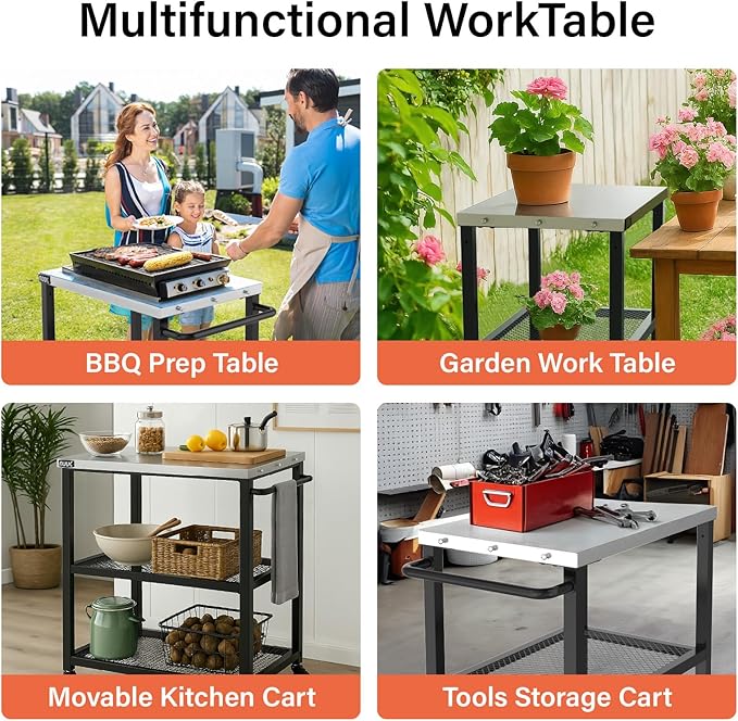 NUUK Grill Cart 16" x 24" Dining Prep Table 3-Shelf Kitchen Worktable Rolling Outdoor Pizza Oven Carts with Stainless Steel Top for Outside BBQ Tables