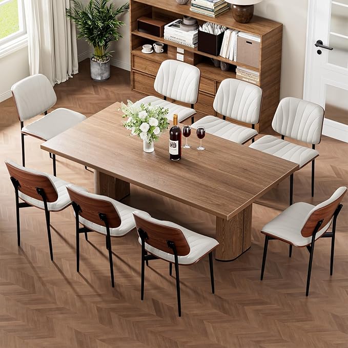 Dining Chairs Set of 4, Mid-Century Modern Upholstered PU Leather Chairs with Walnut Bentwood Back and Metal Legs Adjustable Feet for Kitchen Dining Room, Off-White Shell Strips