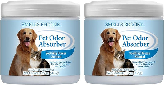 SMELLS BEGONE Air Freshener Pet Odor Absorber Gel - 15 oz, Pack of 2 - Absorbs and Eliminates Odor in Pet Areas, Bathrooms, Cars, & Boats - Made with Essential Oils - Soothing Breeze Scent
