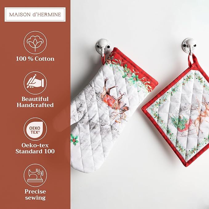 Maison d' Hermine 100% Cotton Oven Mitt & Pot Holder Set (7.5"x13" & 8"x8") Heat Resistant BBQ Cooking Gloves with Loop for Thanksgiving Christmas Decorations Handling Hot Pans (Christmas Tradition)