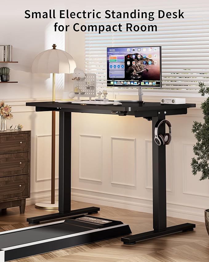 Okin Small Electric Standing Desk, 40 x 24 Inches Whole Piece Height Adjustable Desk, Black Sit to Stand Desks Computer Workstation for Home Office