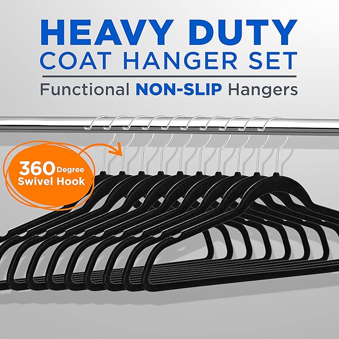 SereneLife Premium Non-Slip Velvet Hangers-Space Saving Heavy Duty Slim Suit Clothes Hanger Set with 360 Degree Swivel Metal Hook,Can Hold Up to 10 Lbs.for Coats, Jackets,Pants & Dress (50-Pack),Black