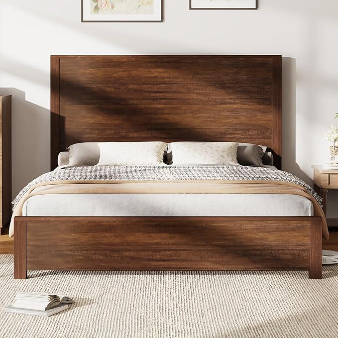AMERLIFE Queen Size 51.2" Wood Bed Frame, Rustic Platform Bed with Spliced Headboard, No Box Spring Needed/Wood Slats Support/Noiseless/Reclaimed Barnwood