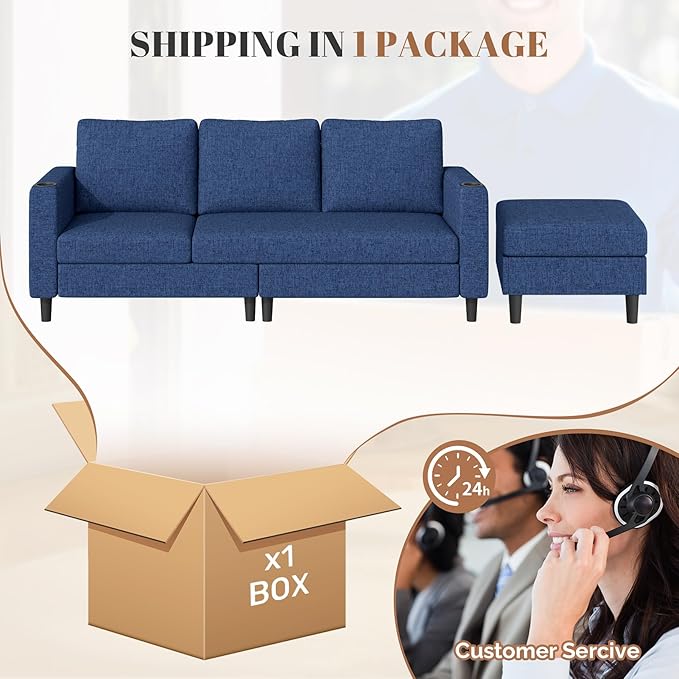 Upholstered Sectional Sofa and Couches, 78'' L Shaped 3-seat Sofa forLiving Room, Apartment, Lounge,Bedroom-Washable Covers Convertible Sofas(Linen Fabric,Blue)