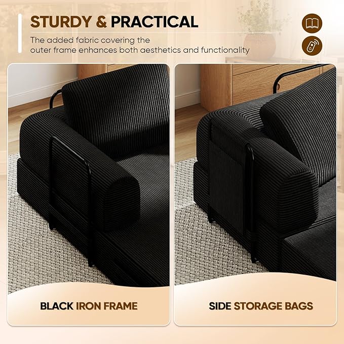 Antetek Convertible Sofa Bed, Comfy Corduroy Fluffy Love seat Sleeper Sofa, 5 in 1 Folding Couch Bed, Fold Out Floor Couch with Pillows for Bedroom, Living Room, Office, Pinstripe, Black