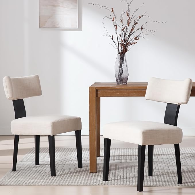 Linen Dining Chairs Set of 2 Modern Dining Chair with Black Wood Legs, Upholstered Dining Chairs for Dining Room, Kitchen, Vanity, Living Room, Beige