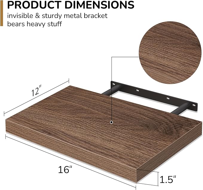 Fun Memories Floating Shelves - 2 Pack 12 Inch Rustic Wooden Wall Shelves - Extra Deeper & Thicker Wall Mounted Storage Shelf for Living Room, Kitchen, Farmhouse - 16" W x 12" D x 1.5" H - Walnut