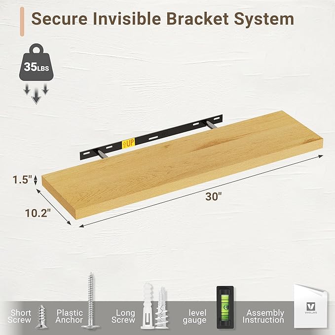 Vivelove 10" Deep Floating Shelves with Invisible Brackets, 30" Wall Shelves for Bathroom Bedroom Kitchen Living Room Laundry Room, Modern Rustic Shelves for Home Decor, 30"x10.2"x1.5", Set of 2, Oak