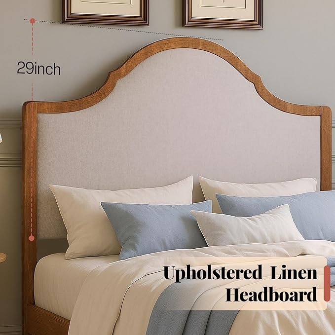 Jocisland Full Size Bed Frame with Tall Upholstered Curved Headboard, Solid Wood Platform Bed, No Box Spring Needed, Wood Slat Support, Easy Assembly, Walnut