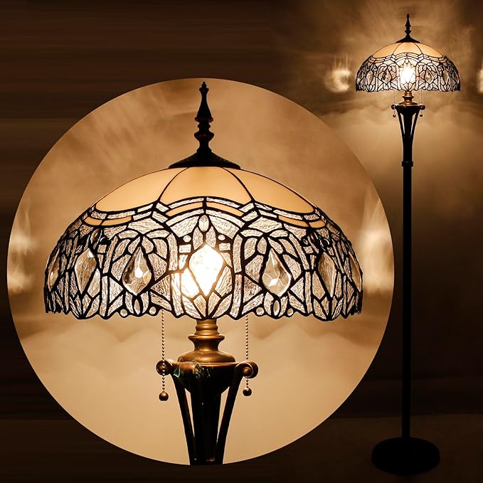 Tiffany Floor Lamp White Stained Glass Crystal Standing Reading Light 16X16X70 Inches Antique Pole Corner Lamp Decor Bedroom Office Living Room