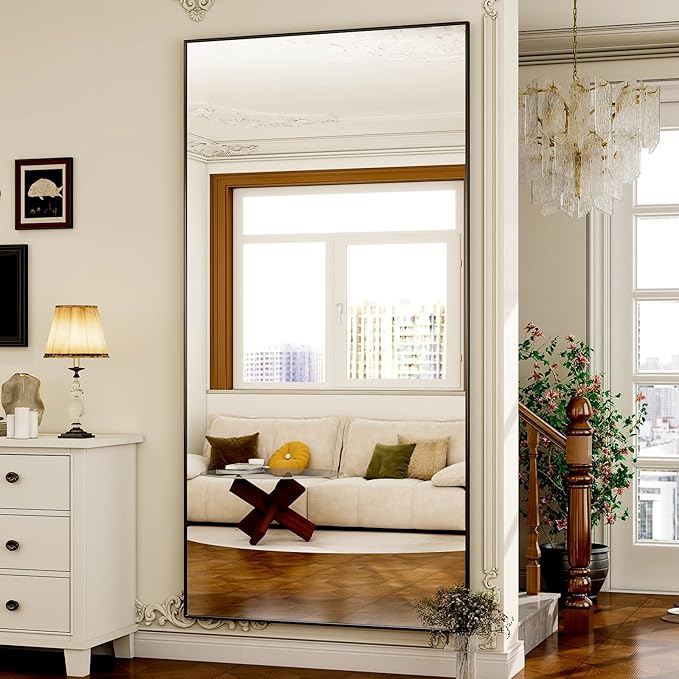 GLSLAND 77" x 38" Rectangular Full Length Mirror - Oversize Floor Mirrors Aluminum Alloy Frame Full Body Dressing Mirror for Bedroom Living Room,Black