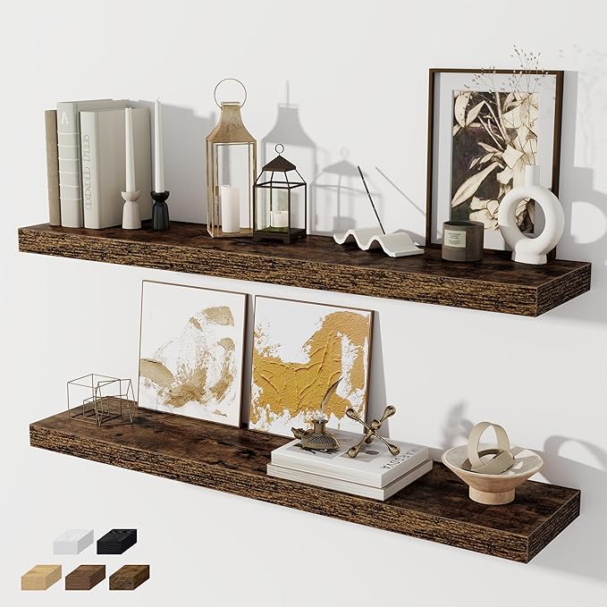 Fun Memories 40" Floating Shelves for Wall, 8 Inch Deep Floating Shelf for Books, Deep Bathroom Shelves Wall Mounted, Rustic Display Shelf for Kitchen, Bedroom, Living Room, Rustic Brown, 2 Pack