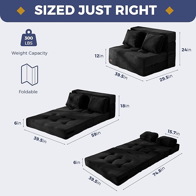 MAXYOYO Convertible Sofa Bed, Fold Out Loveseat Sleeper Sofa with Pillow, 4 in 1 Tufted Folding Couch Bed Foam Floor Couch, Lazy Chair for Living Room Bedroom Guest Room, Black