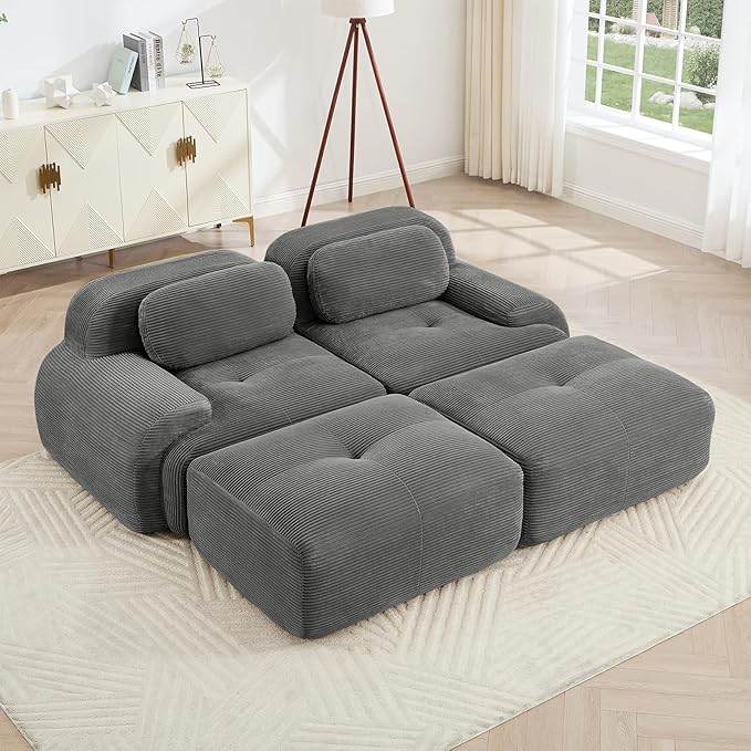 80" Modern Corduroy Boneless Love Seat Couches with 2 Ottomans, 2 Seater Large Sectional Couches for Living Room, Gray Cloud Modular Sectional Sofa, Memory Foam, Extra Deep Loveseat, No Assembly
