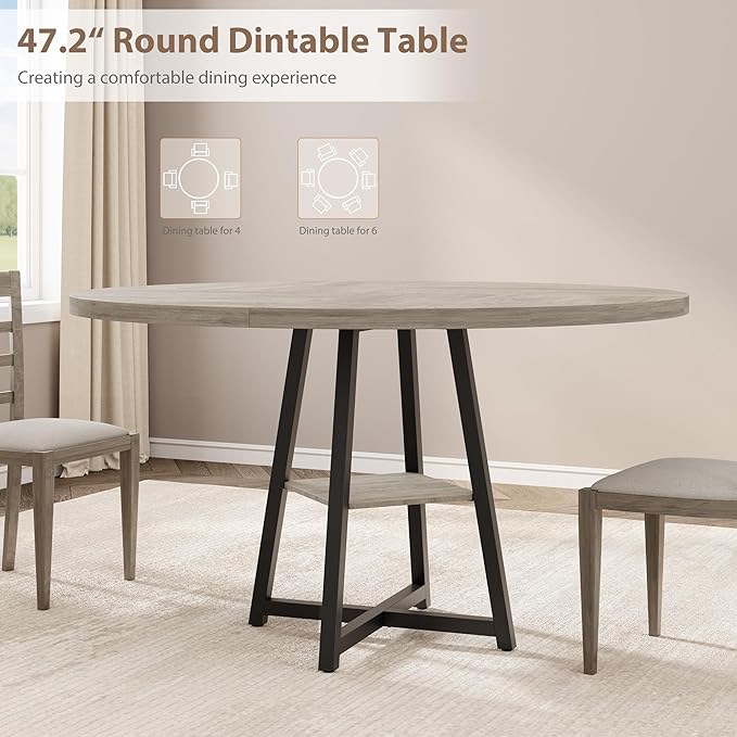 GAOMON Industrial Round Dining Table, 47 Inch Round Kitchen Table for 4, Dinner Table with Wooden Top and Metal Base for Dining Room, Living Room (Grey, 47.2 in w/Storage)