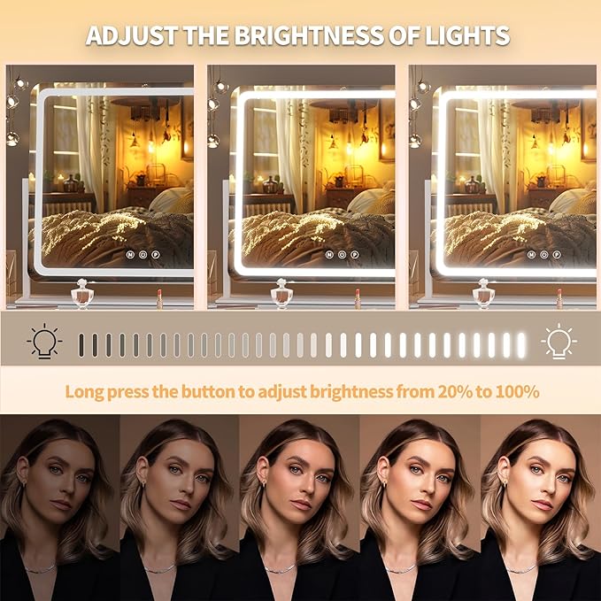 Hasipu Vanity Mirror with Lights, 30" x 21" LED Makeup Mirror, Light up Mirror with 10X Magnification and Phone Holder, USB Charging Port, Smart Touch 3 Colors Dimmable, 360° Rotation (White)