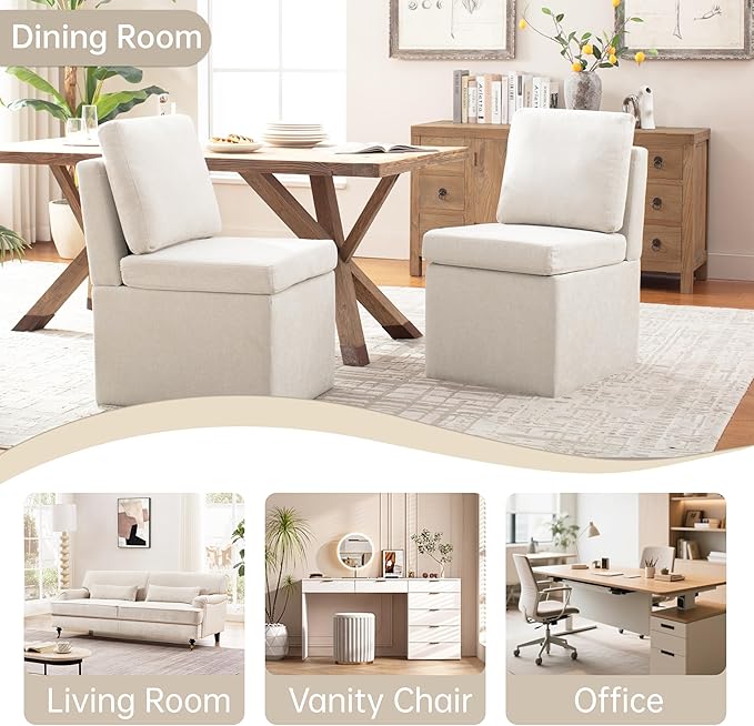 VKNOW Upholstered Dining Chairs, Modern Kitchen Chairs with Storage, Linen Armchair Dining Room Chairs for Kitchen Room (Beige, Set of 1)