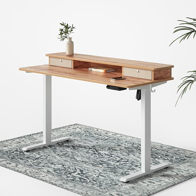 FEZIBO 55 x 24 Inch Whole-Piece Height Adjustable Standing Desk with Double Drawers, Sit Stand Desk, Stand Up Table (Send Two Packages), Light Rustic Top