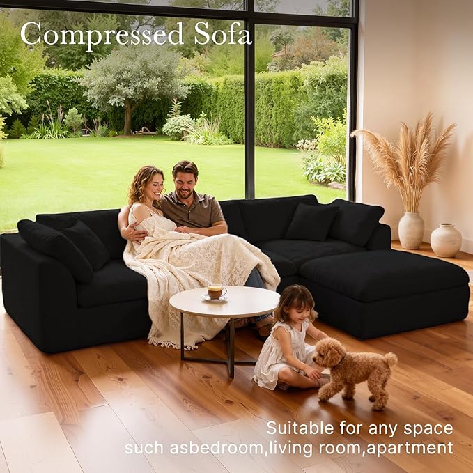 Cloud Modular Sectional Sofa Couch,110” L Sofa with Wide Armrest, Modern High-Density Sponge Compressed Sofa Couch for Living Room, Bedroom,No Assembly Needed (Black, 3 Seats+1 Ottoman)
