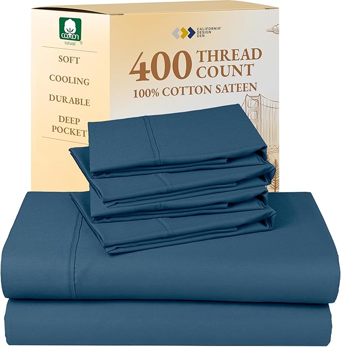 California Design Den 6-Pc Queen Size Sheet Set with 4 Pillowcases - 400 Thread Count 100% Cotton Sheets, Cooling Sateen Weave, Luxury Deep Pocket Bedsheets Set - Peacock Blue