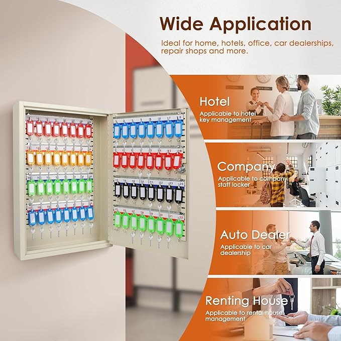 ORIENTOOLS Key Box Steel Key Safe Cabinet, Wall Mount Key Holder Lock Box with Key Tags, Key Organizer Ideal for Home, Hotels, Valets and Office Key Storage (64 Keys, White)