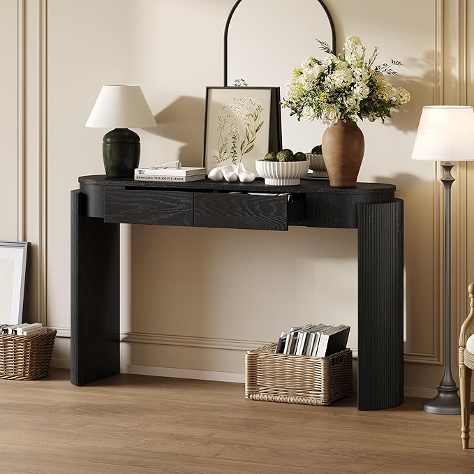 55" Wood Console Table for Entryway with Fluted,Modern Curved Oval Hallway Table and 2 Drawers,Rustic Farmhouse Narrow Sofa Table for Living Room,Bedroom,Apartments-Black