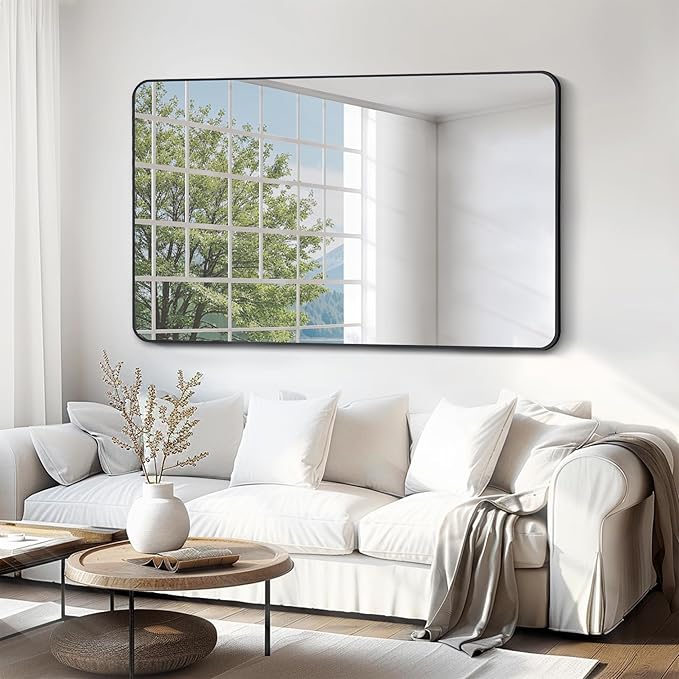FORBATH Large Bathroom Mirror 36 x 55 Inches，Black Large Wall Mirror Aluminum Frame Wall Mounted Rounded Corner Morndern Mirror for Bathroom Bedroom Entryway Living Room