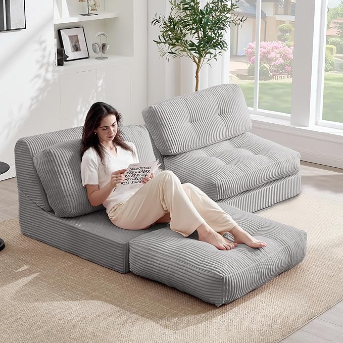 Tbfit 35.8'' Folding Sofa Bed, Convertible Sleeper Chair with Large Pillow, Corduroy Folding Couch Bed, Portable & Foldable Mattress Boneless Floor Sofa Set of 2, Grey