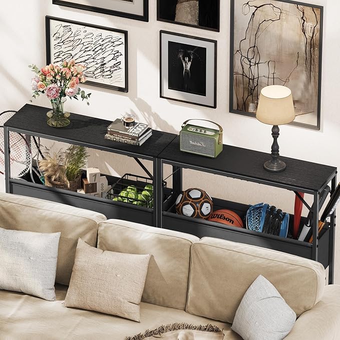 Small Console Table with Storage Basket, 31.5'' Couch Table Behind Sofa, Entryway Table, Sofa Table, Narrow ConsoleTable, Display Table for Hallway, Foyer, Living Room, Black