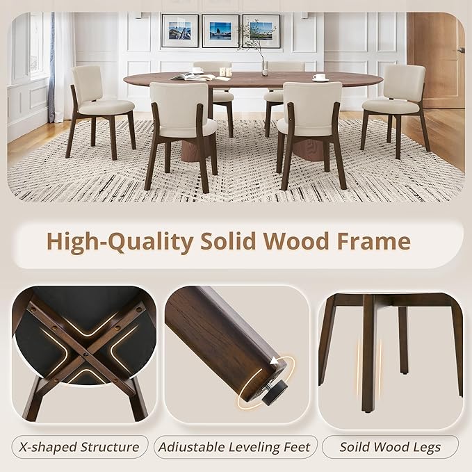 LUE BONA Wooden Dining Chairs Set of 6, Comfortable Wide Back Kitchen Side Chairs, Strong Thick Legs for Modern Farmhouse Dining Room, Linen Upholstered and Dark Brown Legs