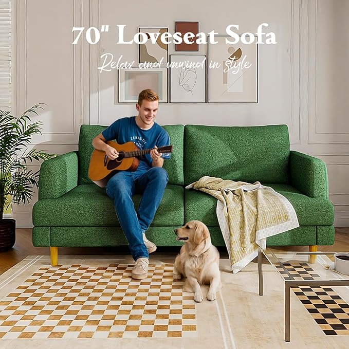 Loveseat Sofa Couch for Living Room with USB Type C Ports – Upholstered 70" Small Couches for Bedroom, Office or Apartment–Modern 2-Seater Deep Seating with Soft Cushions & Sturdy Frame,Green