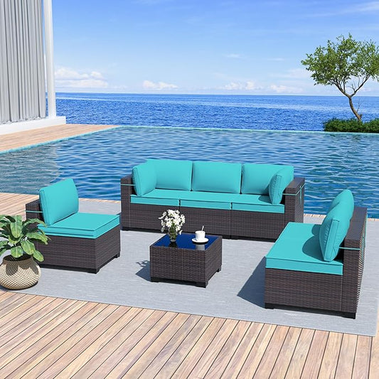 Kurapika 7 Pieces Patio Furniture Set, Rattan Wicker Outdoor Conversation Sets w/4 Inch Cushion and Glass Coffee Table(Blue)