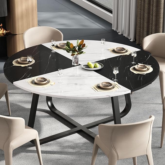 LVB Round Marble Dining Table for 4 Man, Modern 51-Inch Wood Dining Table,Farmhouse Large Kitchen Table with Metal Legs for Living Room, Home, Apartment,Black and White Marble