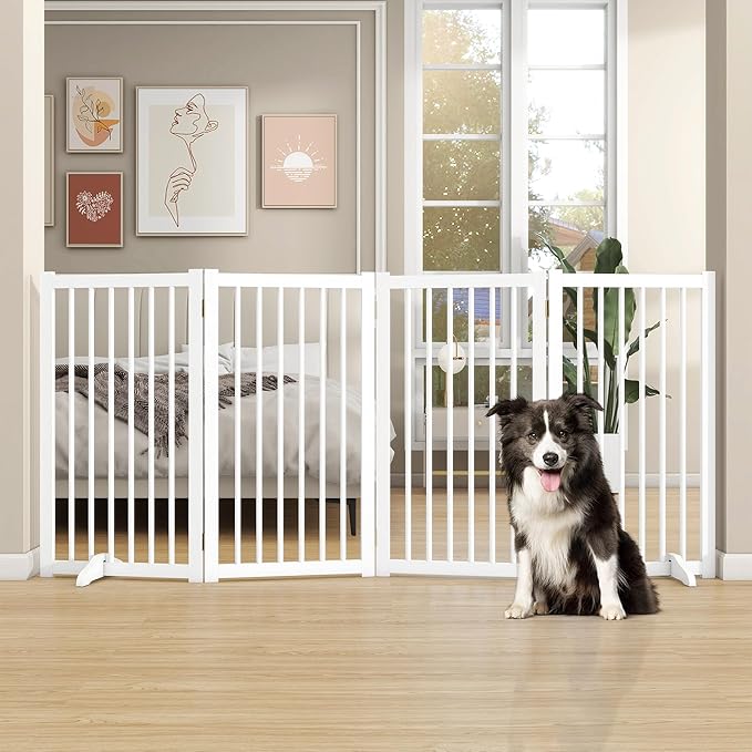 36" H Freestanding Pet Gate, Solid Wood Foldable Dog Gate with Support Feet, Wooden Tall Dog Gate for Doorway, Stairs & Indoor Use, 60" Wide Expandable Pet Fence, 4 Panels, White