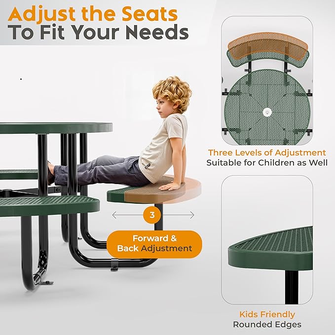 Metal Picnic Tables for Outdoors with Umbrella Hole - Coated Steel Heavy Duty Commercial Grade Furniture Set with Adjustable Seats (Green, 46 in, Round, Expanded Steel)