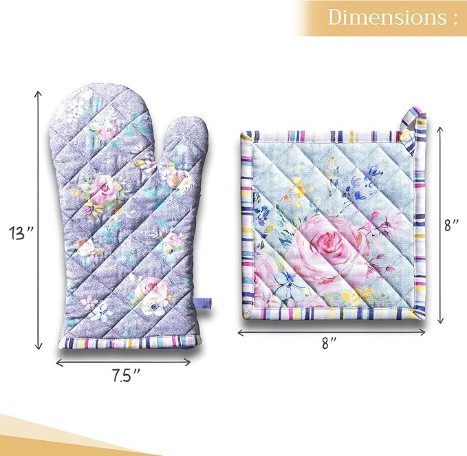 Maison d' Hermine 100% Cotton Oven Mitt & Pot Holder Set (7.5"x13" & 8"x8") Heat Resistant BBQ Cooking Gloves with Loop, Grilling, Kitchen, Handling Hot Pans Spring/Summer (Sweet Rose Lavender - Lush)