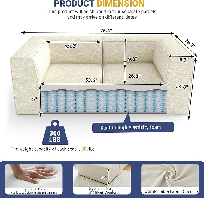 76" Sectional Compressed Sofa Modular Couches Loveseat 2 Deep Seat,High-Density Foam No Assembly Required,2-Piece(2xCorner) for Living Room Fabric Chenille Beige