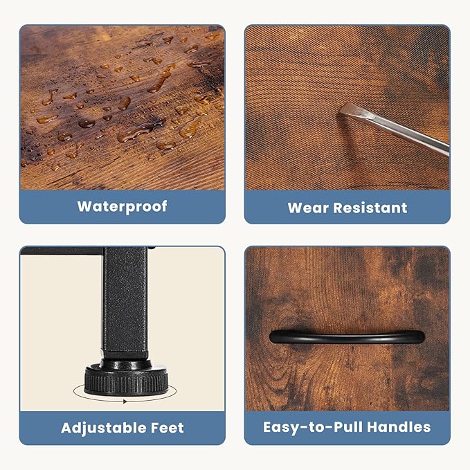 DUMOS Nightstand with 4 Drawers Bedside Table with Removable Fabric Bins Sturdy Steel Frame Wood Top Organizer Furniture for Bedroom Closet Living Room